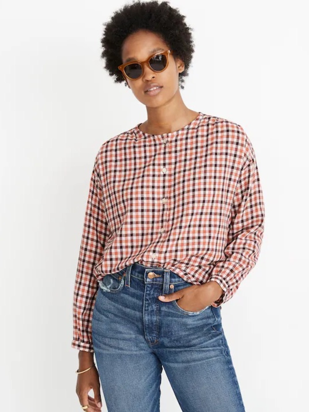 Madewell Coral & Black Plaid Button-Front Shirt